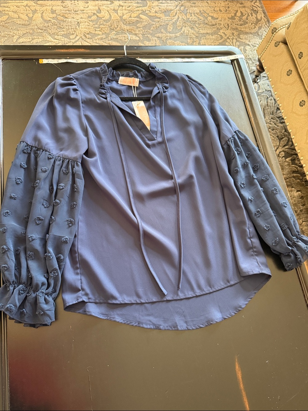 Tie-Neck Navy Blouse with Textured Balloon Sleeves